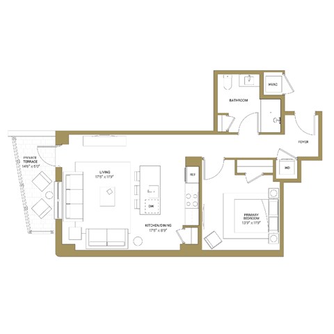 A floor plan of a house with a living room, kitchen, and bathroom.